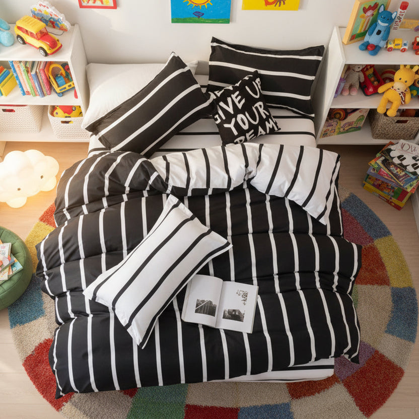 Single Size 4 Pieces, Black & White Stripe Design. - BusDeals