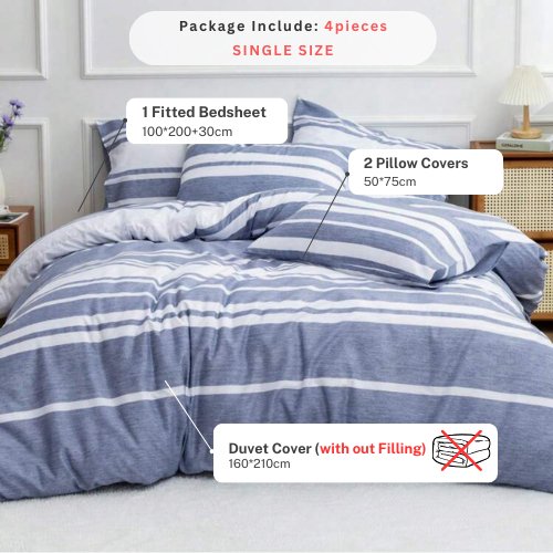 Single Size 4 pieces, Blue Stripe Design Duvet cover set. - BusDeals