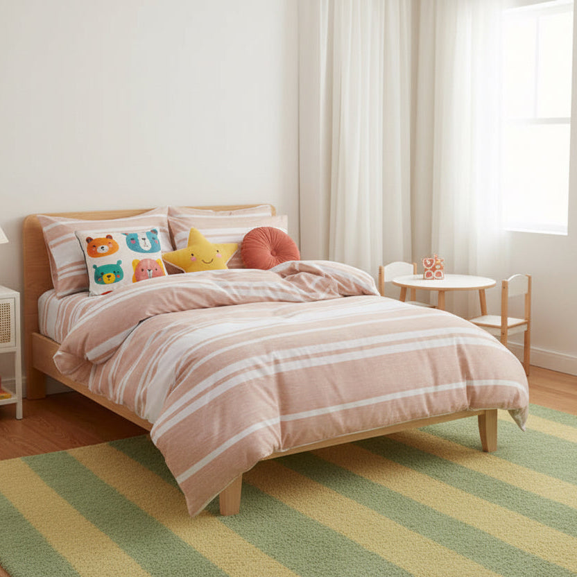 Single Size 4 pieces Coral Stripe Design Duvet cover set. - BusDeals