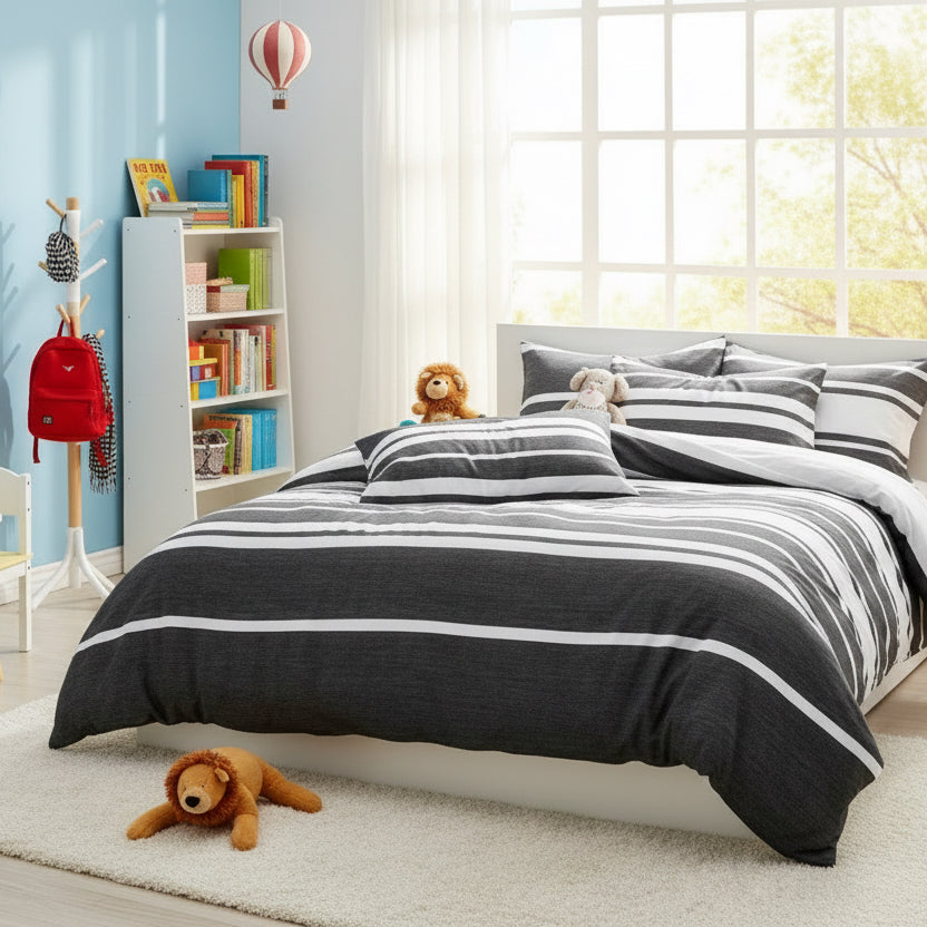 Single Size 4 pieces Duvet cover set, Black Stripe Design. - BusDeals