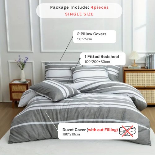Single Size 4 pieces, Gray Stripe Design Bedding set. - BusDeals