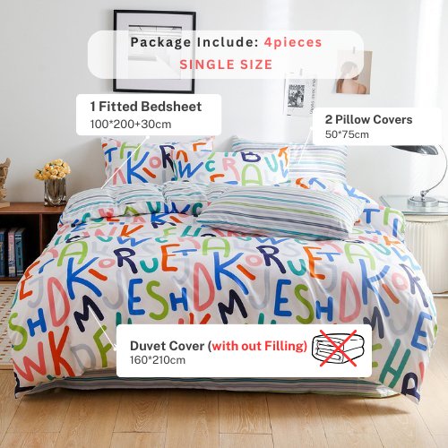 Single Size 4 Pieces Reversible Alphabet Design Stripped Bedsheet and Rainbow Colors Duvet Cover without filler. - BusDeals