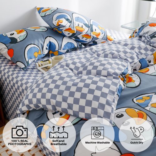 Single size 4 pieces Reversible cartoon design Gray checks with Cute Duck Duvet cover without filler. - BusDeals