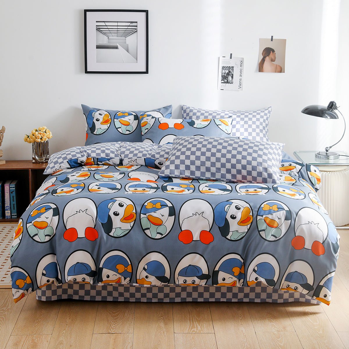 Single size 4 pieces Reversible cartoon design Gray checks with Cute Duck Duvet cover without filler. - BusDeals