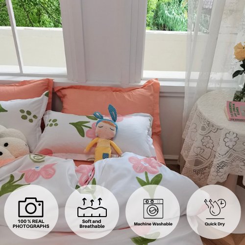 Single size 4 Pieces Reversible Design Light Coral and White with Flowers Duvet Cover without filler. - BusDeals