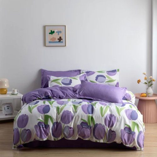 Single size 4 pieces Reversible Design Pastel Purple and White with Flowers Tulip Duvet Cover without filler. - BusDeals
