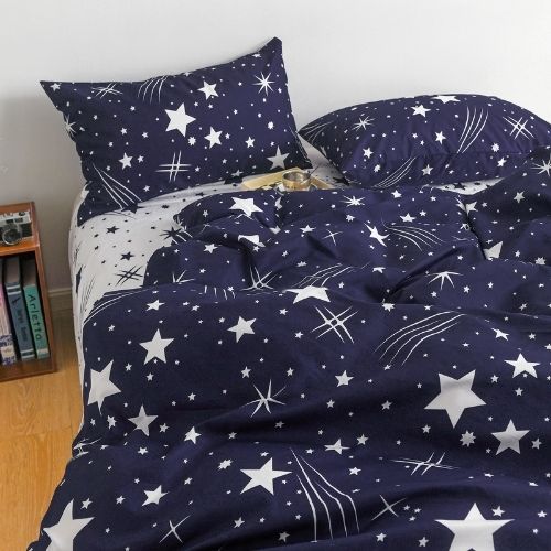 Single size 4 Pieces Reversible Navy Blue Sky Stars Fall Design, Duvet cover without filler. - BusDeals