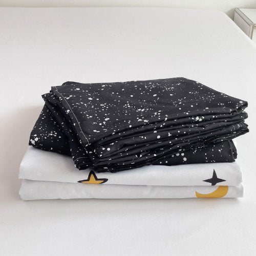 Single Size 4 Pieces Set, Reversible Duvet Cover Set, Black Stars Design with Black Bedsheet Color. - BusDeals
