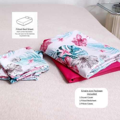Single Size 4 Pieces set, Reversible Tropical Crimson Color Floral Bedding Set Without Filler. - BusDeals