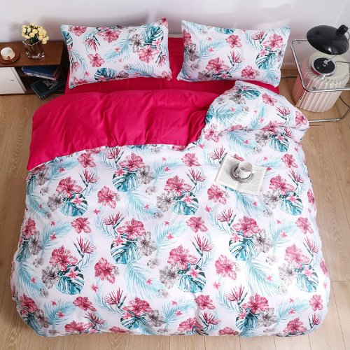Single Size 4 Pieces set, Reversible Tropical Crimson Color Floral Bedding Set Without Filler. - BusDeals