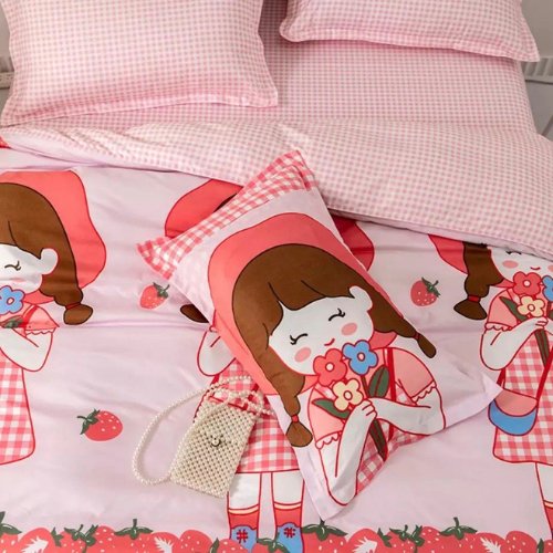 Single Size 4 pieces, Village Girl Design, Fuchsia color bedding set. - BusDeals