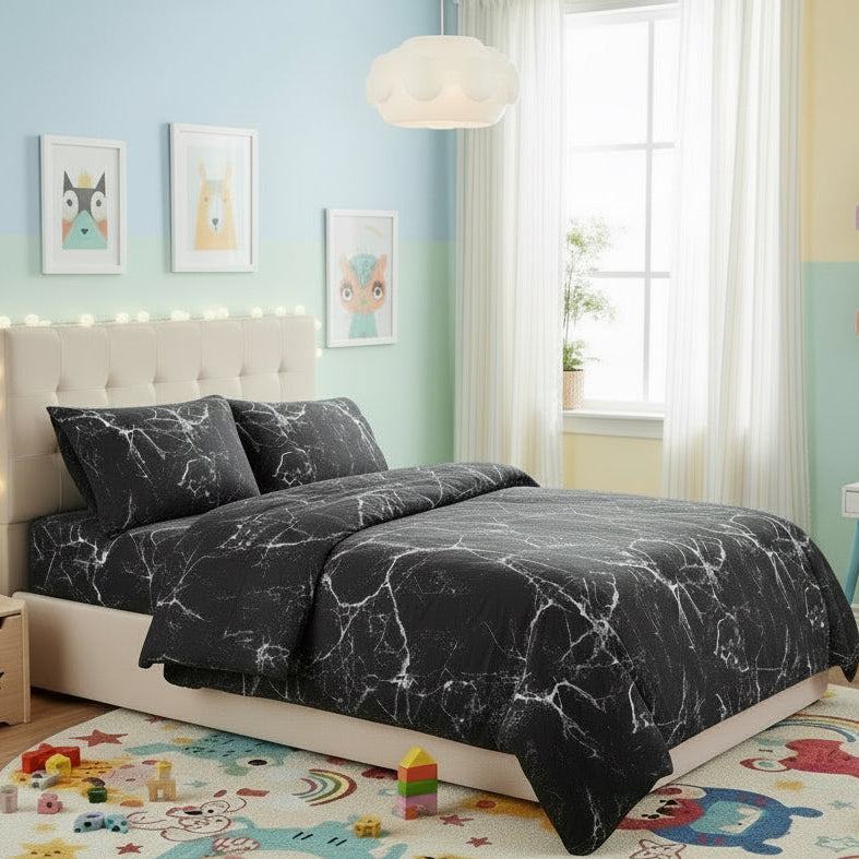 Children's bedroom with marble-patterned bedding and colorful toys on the floor. Unite Arab Emirates