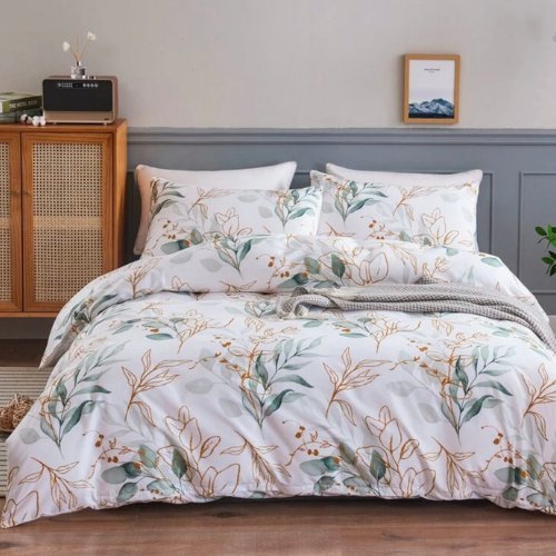 Single Size 4 Pieces Without filler, Green leaves design white color , Bedding Set - BusDeals