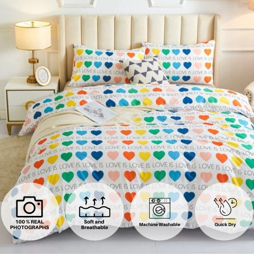 Single Size Bedding Set 4 Pieces Without Filler, Colorful Hearts Design - BusDeals