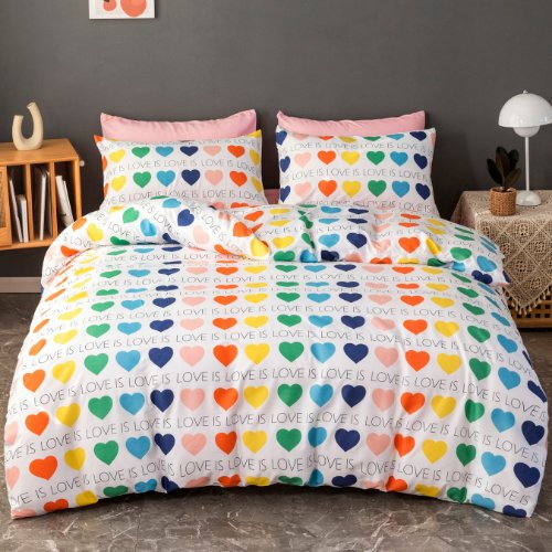 Single Size Bedding Set 4 Pieces Without Filler, Colorful Hearts Design, Bedding Set - BusDeals