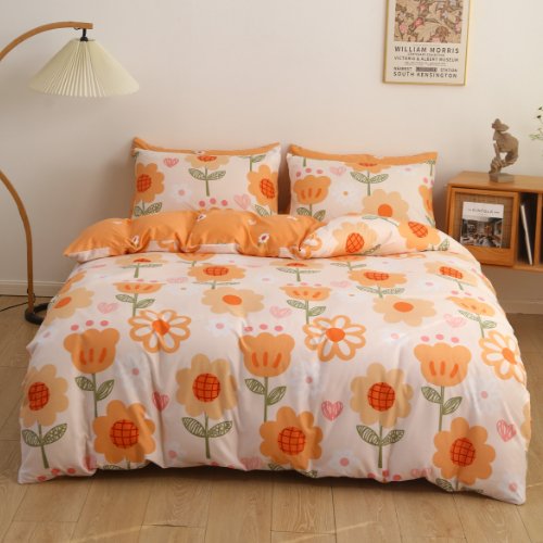 Single size bedding set 4 pieces without filler, Flower design orange color - BusDeals