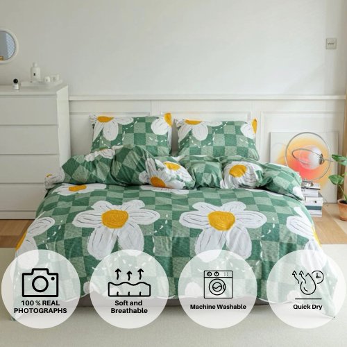 Single Size Bedding Set 4 Pieces Without Filler, Green Color Checkered and Flower Design - BusDeals