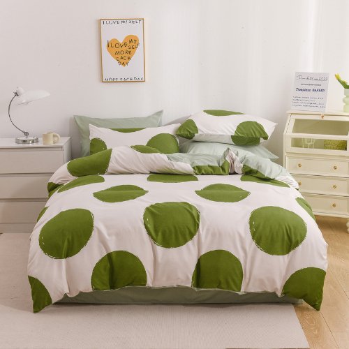 Single size bedding set 4 pieces without filler, Green Color Dots design - BusDeals