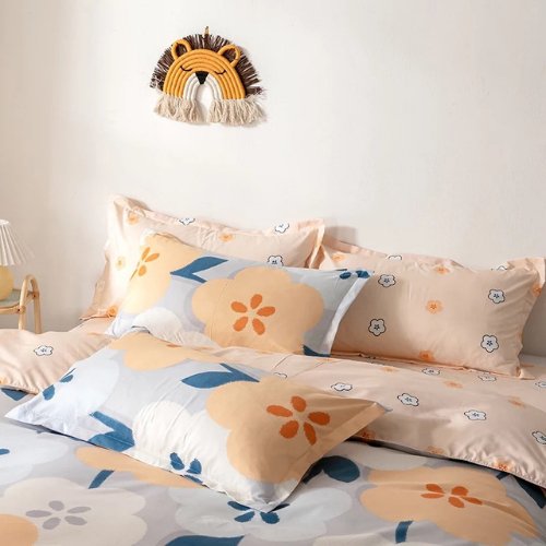 Single Size Bedding Set 4 Pieces Without Filler, Lavish Floral Print, Salmon Color Bedding Set. - BusDeals
