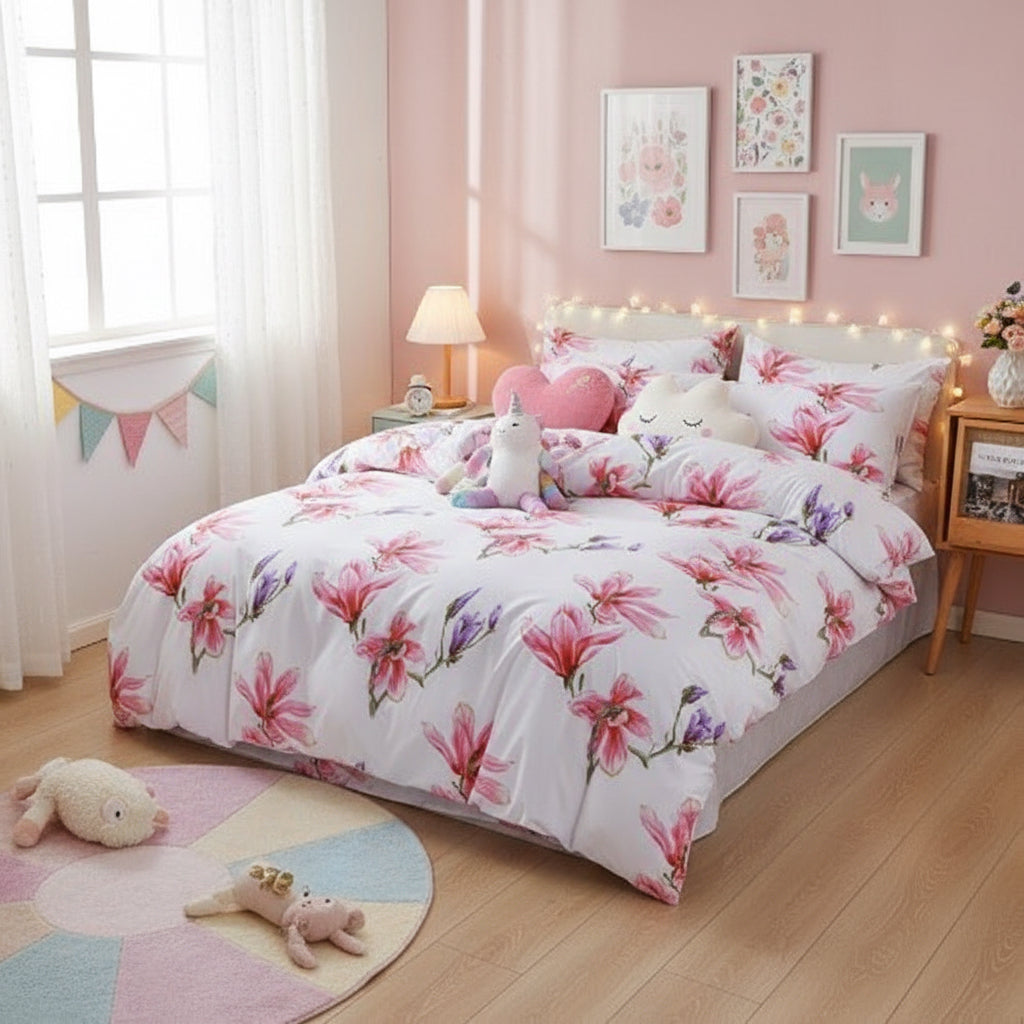 Single Size Bedding Set 4 Pieces Without Filler, Pink floral design, Bedding Set - BusDeals