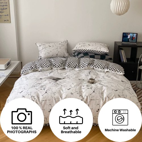 Single size bedding set 4 pieces without filler, White Color Marble and Checkered design - BusDeals