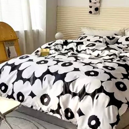 Single size bedding set 4 pieces without filler, White Flower design - BusDeals