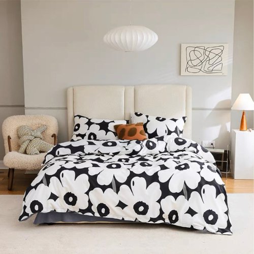 Single Size Bedding Set 4 Pieces without Filler, White Flower Design with Blue Bedsheet - BusDeals