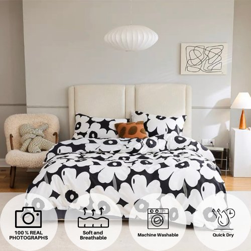 Single Size Bedding Set 4 Pieces without Filler, White Flower Design with Blue Bedsheet - BusDeals