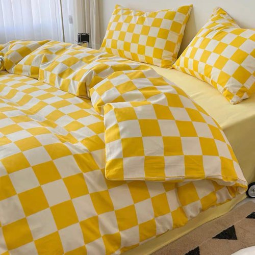 Single Size Bedding Set 4 Pieces Without Filler, Yellow Color Checkered Design - BusDeals