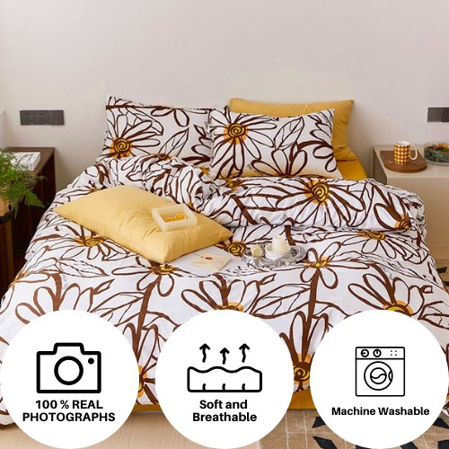 Single size bedding set 4 pieces without filler, Yellow Color Flower design - BusDeals