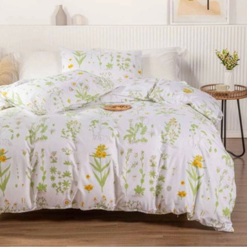 Single size bedding set of 4 pieces, Green Leaves design. - BusDeals