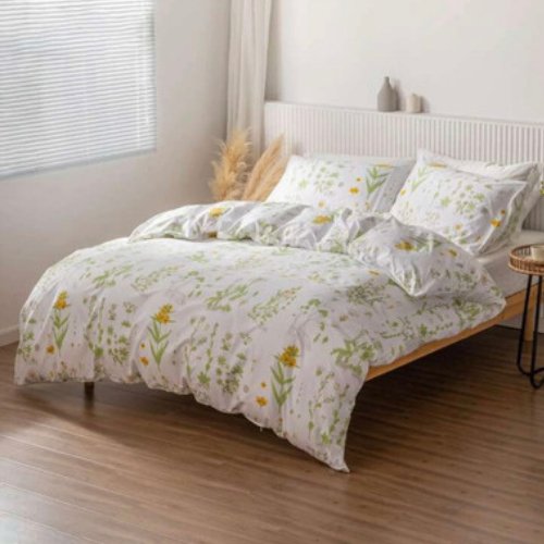 Single size bedding set of 4 pieces, Green Leaves design. - BusDeals