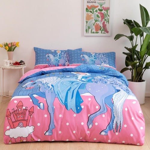 Single size Without filler 4 Pieces, 3D Pony design Sapphire blue color, Bedding set - BusDeals