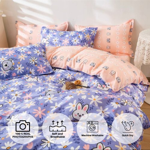 Single size without filler 4 pieces, Cute Flowers With Bunny Design, Bedding Set. - BusDeals