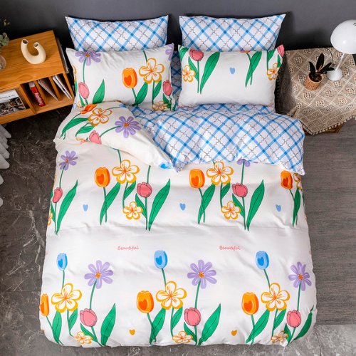Single size without filler 4 pieces, Flower design rice white color, Bedding Set - BusDeals