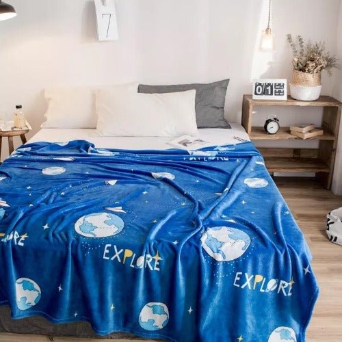 Soft Fleece Blanket, Blue with Earth Design. - BusDeals