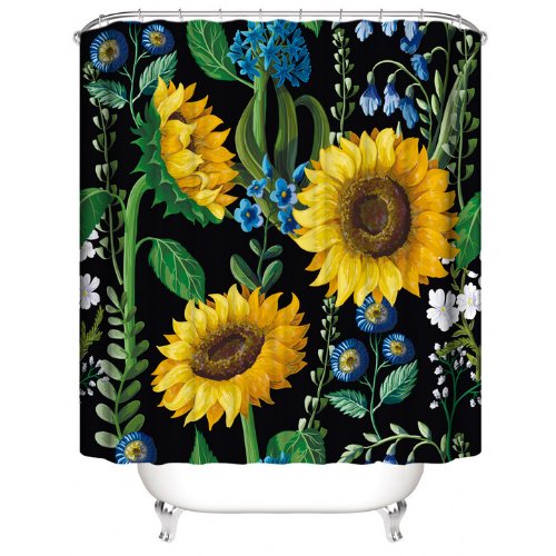 Sunflower Design, Shower Curtain with 12 Hooks. - BusDeals