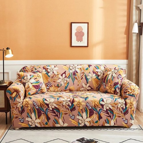 Three Seater Stretchable Sofa Cover, Cinnamon Color Trendy Flora - BusDeals