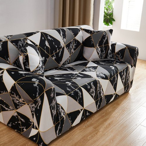 Three Seater Stretchable Sofa Cover, Geometric Design Black Color. - BusDeals