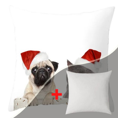 Trendy cute dog and cat with santa hat print, Decorative cushion cover - BusDeals