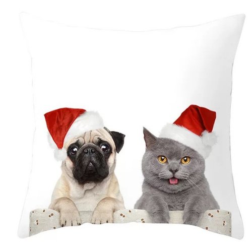 Trendy cute dog and cat with santa hat print, Decorative cushion cover - BusDeals