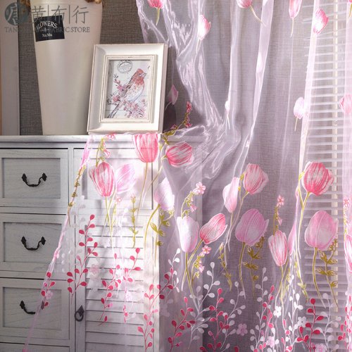Tulip tulle, Window sheer curtains set of 2 Pieces, Pink color - BusDeals
