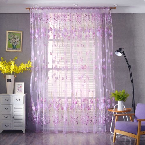 Tulip tulle, Window sheer curtains set of 2 Pieces, Purple color - BusDeals