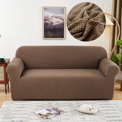 Two Seater Sofa Cover, Slipcover Elastic Sectional Couch, Solid Cappuccino Color Jacquard Fabric. Soft Comfortable and Breathable. - BusDeals
