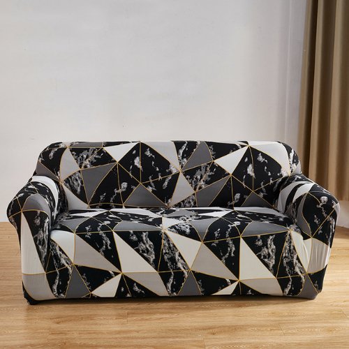 Two Seater Stretchable Sofa Cover, Geometric Design Black Color. - BusDeals