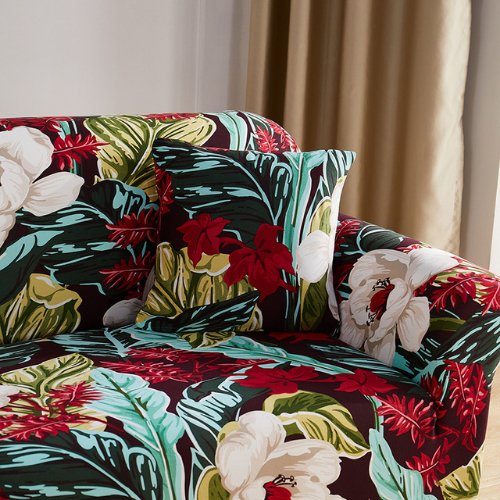 Two Seater Stretchable Sofa Cover, Leaves and Floral Design. - BusDeals