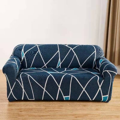 Two seater stretchable sofa cover, Prussian blue color geometric design - BusDeals