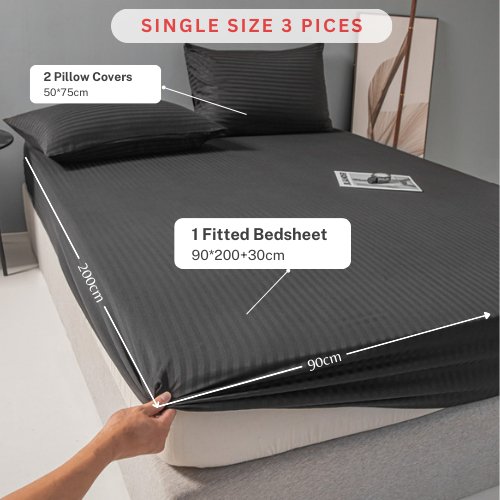 Variance Size 3 Piece Set, Bedsheet with 2 Pillow Cases, Black Color, Striped Design - BusDeals