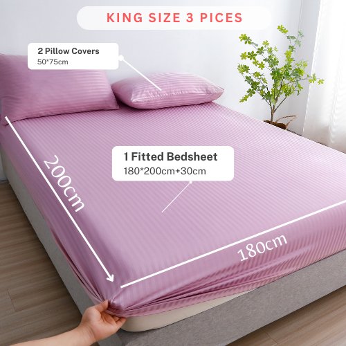 Variance Size 3 Piece Set, Bedsheet with 2 Pillow Cases, Greige Violet Color, Striped Design - BusDeals