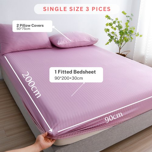 Variance Size 3 Piece Set, Bedsheet with 2 Pillow Cases, Greige Violet Color, Striped Design - BusDeals
